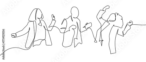Business people group dancing, continuous hand drawn doodle line art vector illustration, editable stroke.