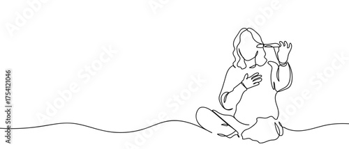 Woman holding a pregnancy test. Continuous hand drawn doodle line art vector illustration. Editable stroke.