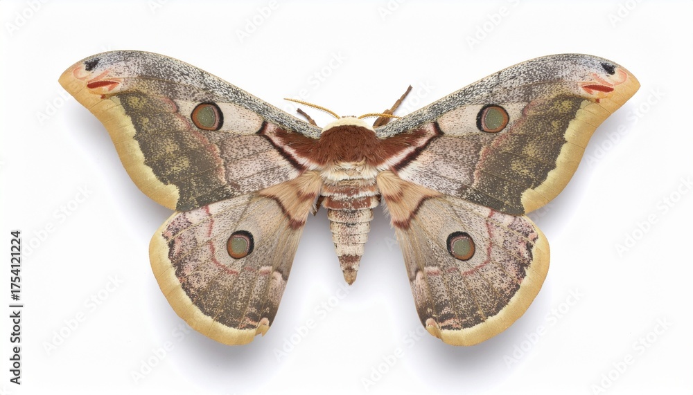 Fototapeta premium A beautiful moth with its wings made of an antique, faded star map. It is displayed as a scientific specimen, perfectly centered on a pure white background. Conceptual, celestial, high detail.
