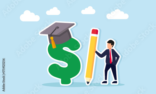 Businessman holding a pencil near a dollar sign wearing a graduation cap illustration of accounting or finance graduate supporting a business