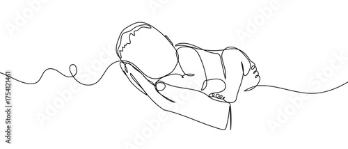 Baby lying on hand, continuous hand drawn doodle line art vector, editable stroke.