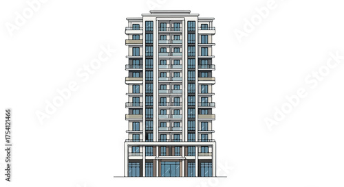 Architectural visualization of a modern high-rise building with balconies and large windows designed for urban living, showcasing contemporary