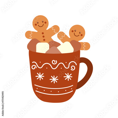 Christmas cup of hot chocolate with marshmallows and gingerbread men. Brown mug of hot cocoa decorated with snowflake ornament. Winter drink isolated on white background.