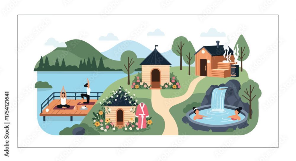 Naklejka premium Peaceful retreat illustration showcasing yoga sessions, sauna relaxation, and thermal bath serenity amid nature’s embrace