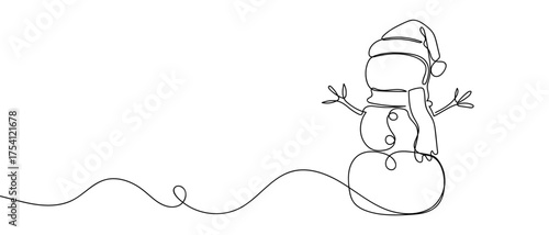 Snowman wearing a Santa hat, continuous hand drawn doodle line art vector, editable stroke.
