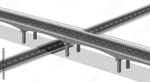 Elevated junction illustration showcases a minimalist highway interchange system isolated on a pristine white background isometric projection