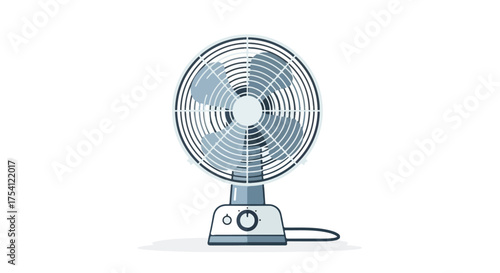 A whimsical illustration of a pastel blue desk fan emitting a refreshing breeze on a warm day cooling the air