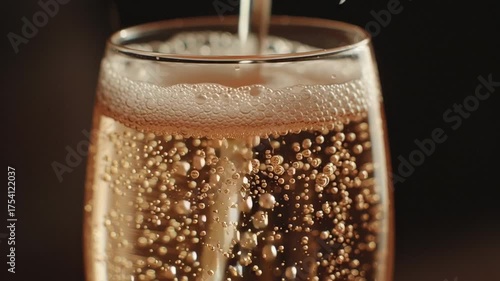 Carbonated drink with bubbles and foam pouring into glass, close up view showing effervescence and refreshing beverage sparkling