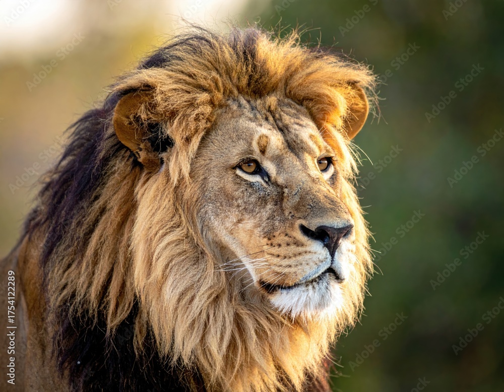 Fototapeta premium Majestic Male Lion Portrait in Golden Sunlight with Dark Mane and Focused Gaze Wildlife Photography on Blurred Greenery Background