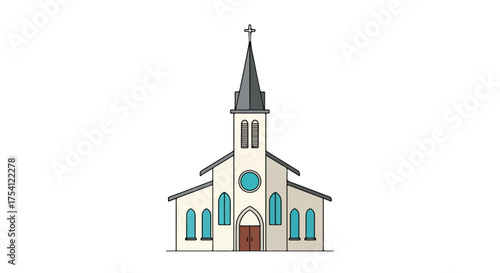 Architectural illustration of a traditional church with a steeple and cross atop its spire showcasing classic religious structure