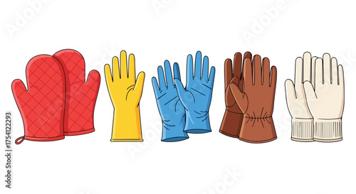 Diverse protective handwear: a colorful assortment of gloves for various household and professional tasks against damage