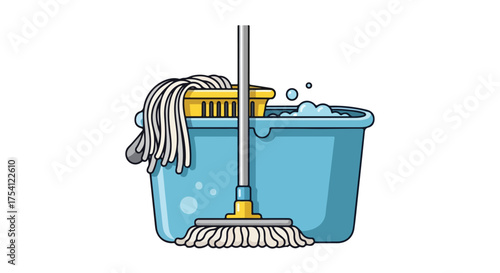 Illustration of a mop and bucket with soapy water ready for cleaning chores around the house isolated on white background