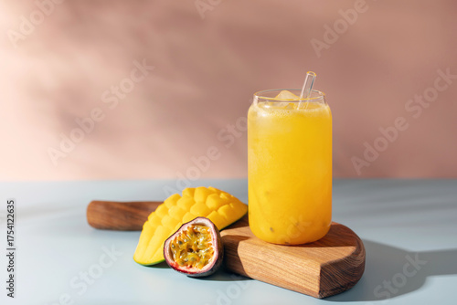 Homemade mango passion fruit lemonade in  glass . Summer refreshment cool drink