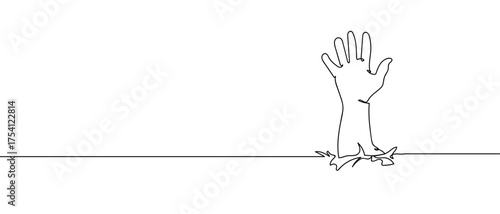 Hand of a drowning person asking for help. Continuous hand drawn doodle line art vector. Editable stroke.