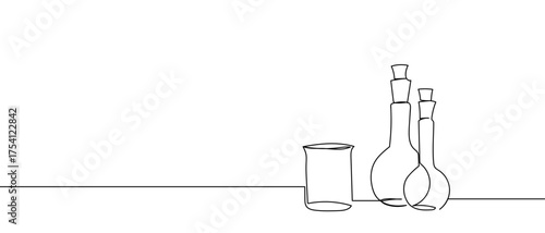 Test tubes in various shapes, continuous hand drawn doodle line art vector, editable strokes.