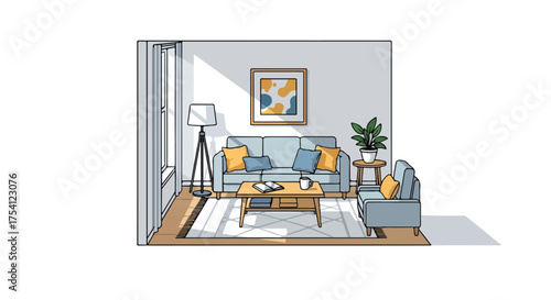 Cozy living room illustration with natural light and minimalistic furniture arrangement that evokes a sense of comfort and serenity