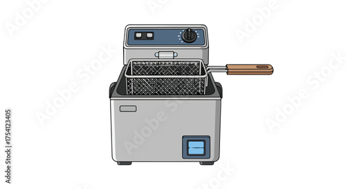 Depiction of a home deep fryer appliance with basket and temperature control dial set against a plain backdrop