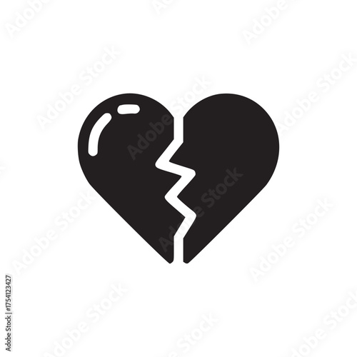 A minimalist illustration of a black broken heart with a white background and a glossy effect on top left