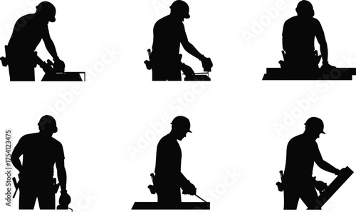 Construction worker silhouette, carpenter with tools, handyman using hammer, tradesman measuring wood, builder sawing timber, skilled labor icon, construction industry illustration