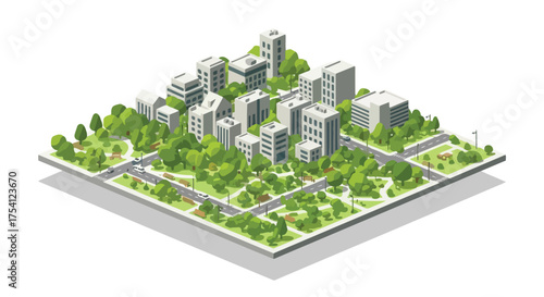 Isometric urban landscape showcasing a harmonious blend of architecture and nature creating an eco-friendly cityscape concept