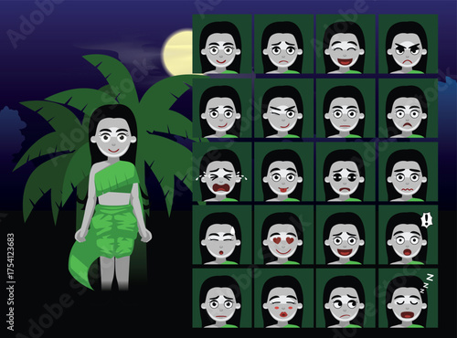 Thai Ghost Lady Tanee Cartoon Emotion faces Vector Illustration