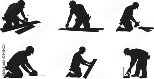 Carpenter silhouettes, construction workers, manual labor, woodworking tools, hammering, sawing, measuring, teamwork, craftsmanship, building industry, tradesmen,
