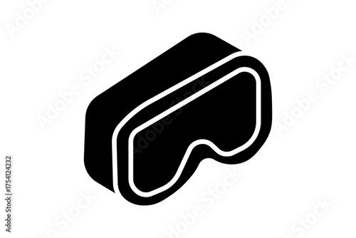 The image depicts a black and white flat design icon of virtual reality (VR) goggles