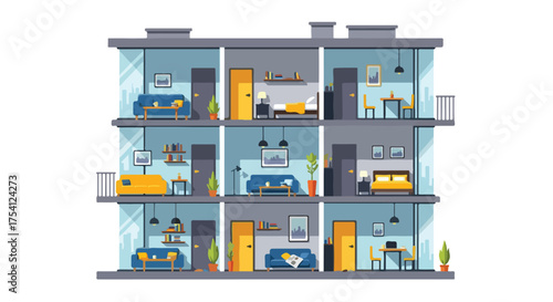 Modern residential building facade displaying diverse apartment interiors and architectural design elements creating a structured and visually