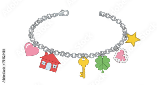 Whimsical cartoon charm bracelet with symbols of love, home, luck, dreams, and security against a clean white background