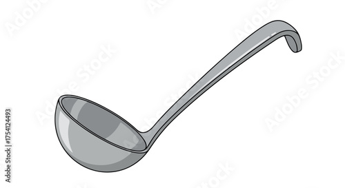 Elevated view of a metallic ladle, poised against a serene white backdrop, its sleek curves creating visual harmony
