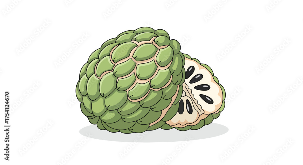 Fototapeta premium Exotic fruit composition: Hand-drawn sugar apple revealing luscious pulp and glossy black seeds against a minimalist background