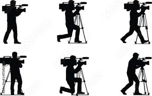 Tripod camera operator silhouettes, videographer poses, filming, media production, video recording, cinematography, broadcast, journalism, documentary, creative industry, 