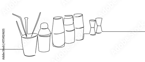 Cocktail making equipment, continuous hand drawn doodle line art vector, editable strokes.