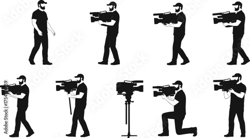 Videographer silhouettes, camera operator poses, filming, media production, video recording, cinematography, broadcast, journalism, documentary, creative industry, professional filming illustration