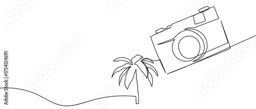 Film camera and coconut tree. Continuous hand drawn doodle line art vector. Editable strokes.