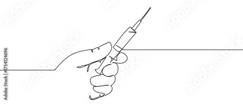 Doctor's hand holding a syringe. Continuous hand drawn doodle line art vector illustration. Editable stroke.