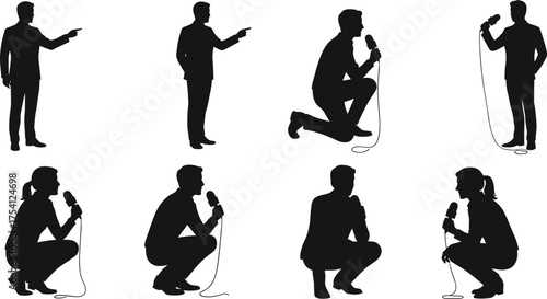 Microphone silhouettes, public speaking, interview poses, media performance, communication, debate, discussion, presentation, teamwork, reporter, singer, announcer,
