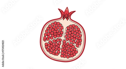 Exotic pomegranate cross section artwork showcases vibrant red arils against a clean white backdrop a modern, simple graphic illustration