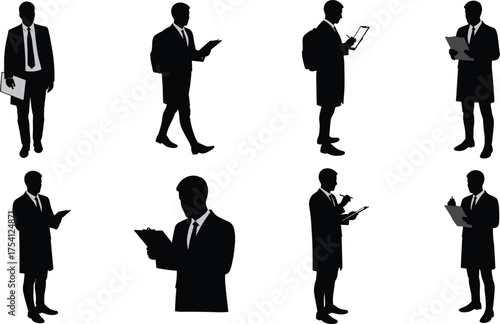 Business professional silhouettes with clipboard, office worker evaluation poses, corporate teamwork, administration, documentation, assessment, HR review, management concept illustration