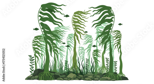 Stylized depiction of kelp forest ecosystem, with vibrant green seaweed swaying, and small fish swimming around the underwater flora illustrating