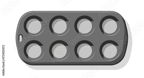 Illustration of a gray metal muffin tray with eight circular compartments designed for baking culinary creations