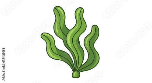 Whimsical underwater flora: An illustration of a vibrant green seaweed clump on a pristine white canvas, evoking a sense of marine serenity