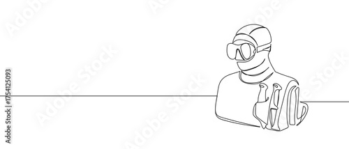 Scuba diving equipment continuous hand drawn doodle line art vector. Editable stroke.