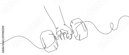 Hand holding dumbbell, continuous hand drawn doodle line art vector, stroke editable.