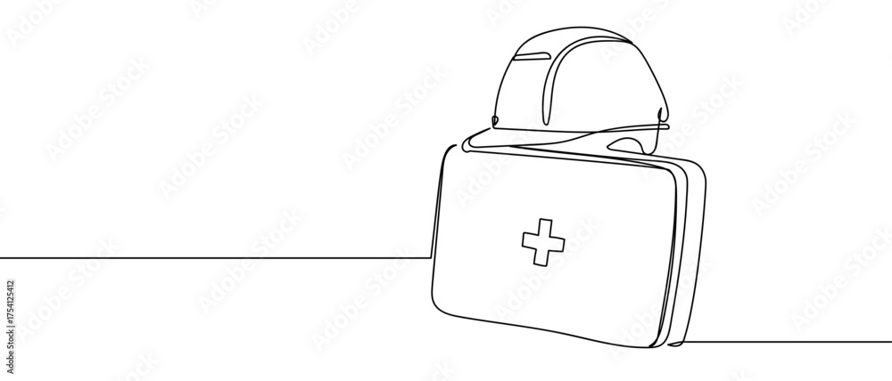 Fototapeta premium First aid kit and engineer helmet. Continuous hand drawn doodle line art vector. Editable stroke.