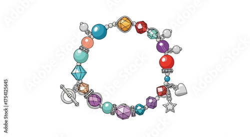 Artistic beaded bracelet with charms, a hand-drawn illustration featuring colorful beads and assorted shaped charms for modern fashion accessory