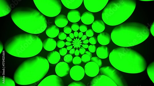 Green abstract tunnel of circles, Hypnotic geometric pattern with glowing spherical shapes 