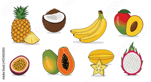 Illustrative Collection of Exotic Tropical Fruits: Pineapple, Coconut, Banana, Mango, Papaya, and Dragon Fruit Isolated on White Background