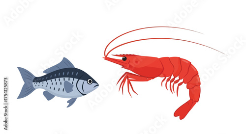 Cartoon depiction showcasing aquatic life: a blue mackerel-like fish facing a vibrant red prawn with long antennae