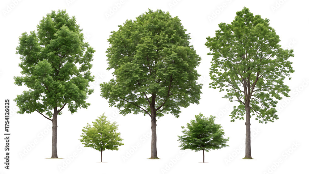 Obraz premium A collection of diverse green trees isolated on a clean white background,